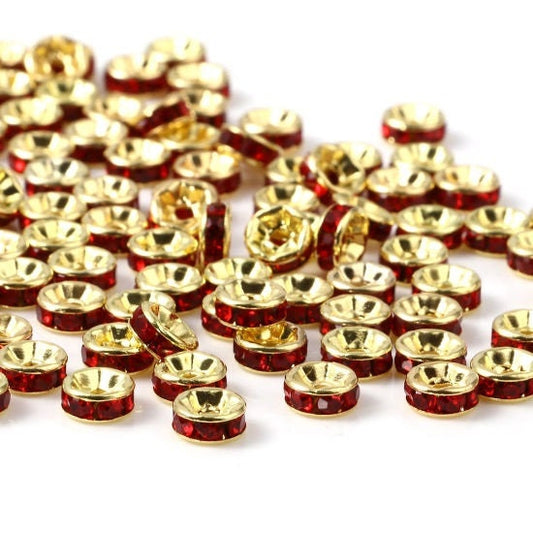 Rhinestone rondelle , 4mm gold  plated spacer bead, red crystal bead