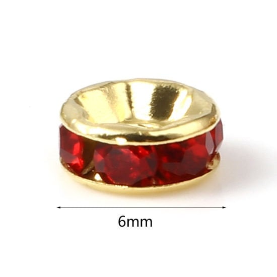 Rhinestone rondelle ,  6mm gold  plated spacer bead, red crystal bead