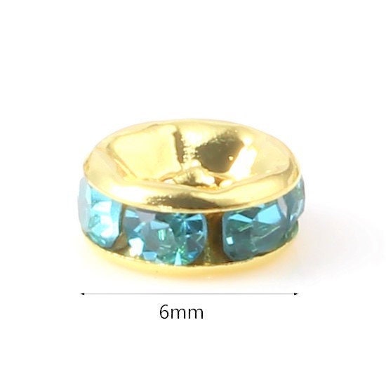 Rhinestone rondelle , 6mm gold  plated spacer bead, blue crystal bead