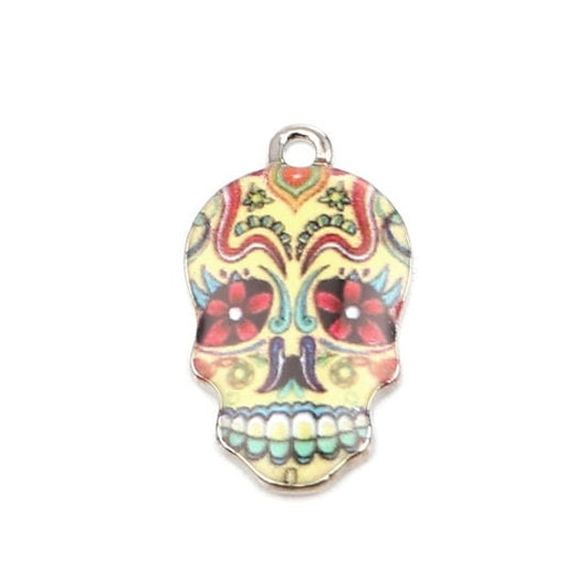 Skull charm enamel skull Day of the dead enamel top , yellow with red eye pattern with silver back