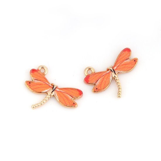 Dragonfly charms, orange patterned enamel dragonflies with gold plated back