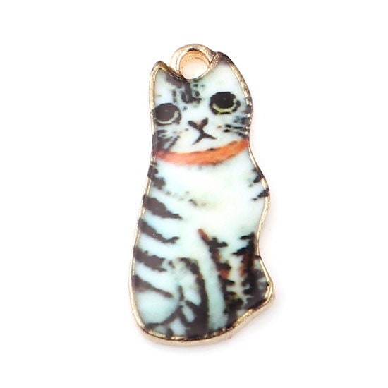 Cat charm with stripes, enamel cat pendant charm, gold plated back, white with black stripes