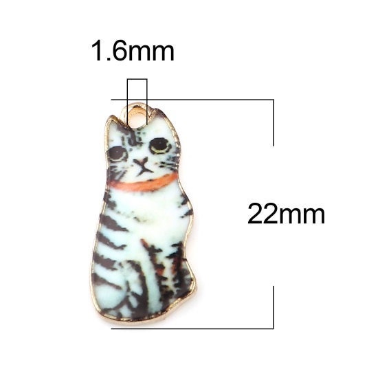 Cat charm with stripes, enamel cat pendant charm, gold plated back, white with black stripes