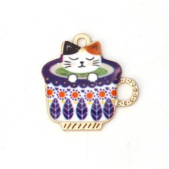 Cat in a cup charms , white black or blue cat enamel pendant charms with gold plated backs