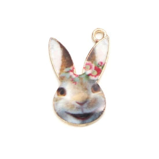 Easter bunny charms enamel rabbit grey face with pink flowers pendant charm gold backed metal charms