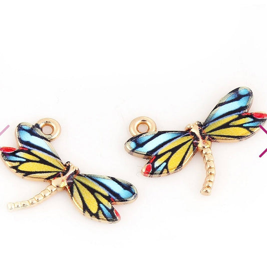 Dragonfly charms, multicolor enamel dragonflies with gold plated back