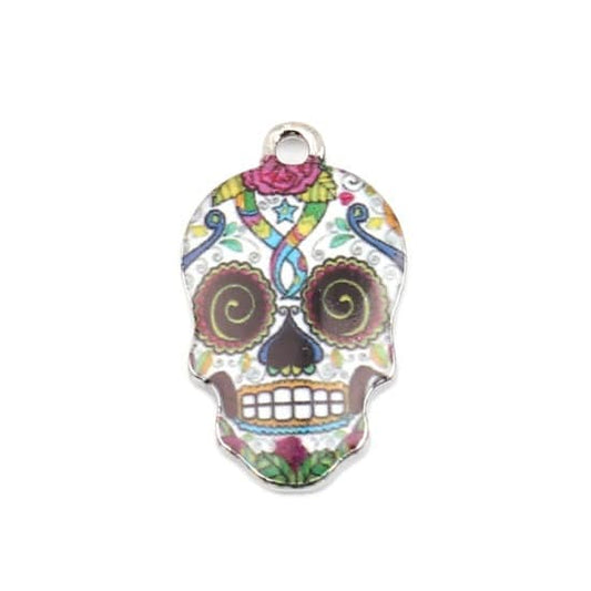 White Skull charm enamel skull Day of the dead , skull with flower  pattern with silver back