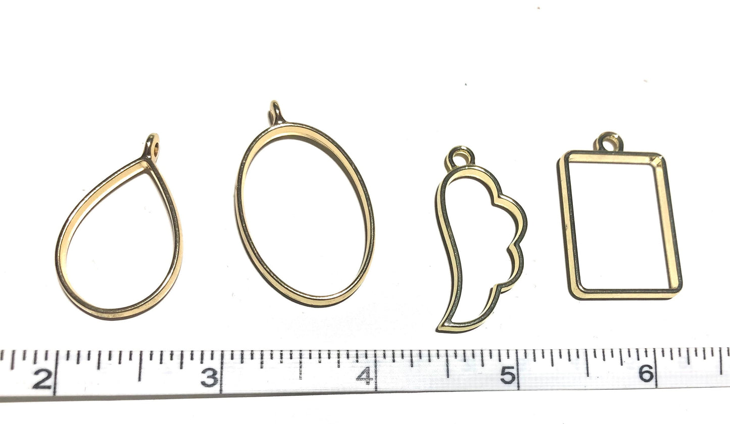 Gold bezel set,  pendant charm set, gold plated Open bezel charms, set of 8 styles for resin or clay , DIY resin charms