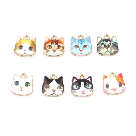 white cat face charm with two different color eyes , enamel cat charm with gold back