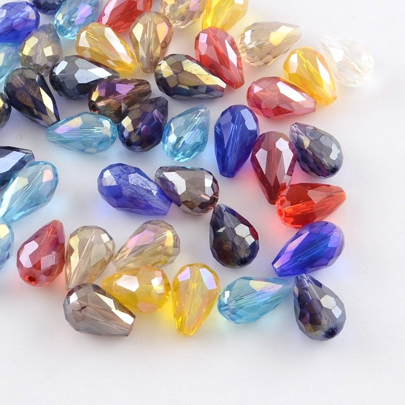 Glass faceted teardrop beads, drop beads 12x8mm in assorted colors in clear, opaque and coated styles