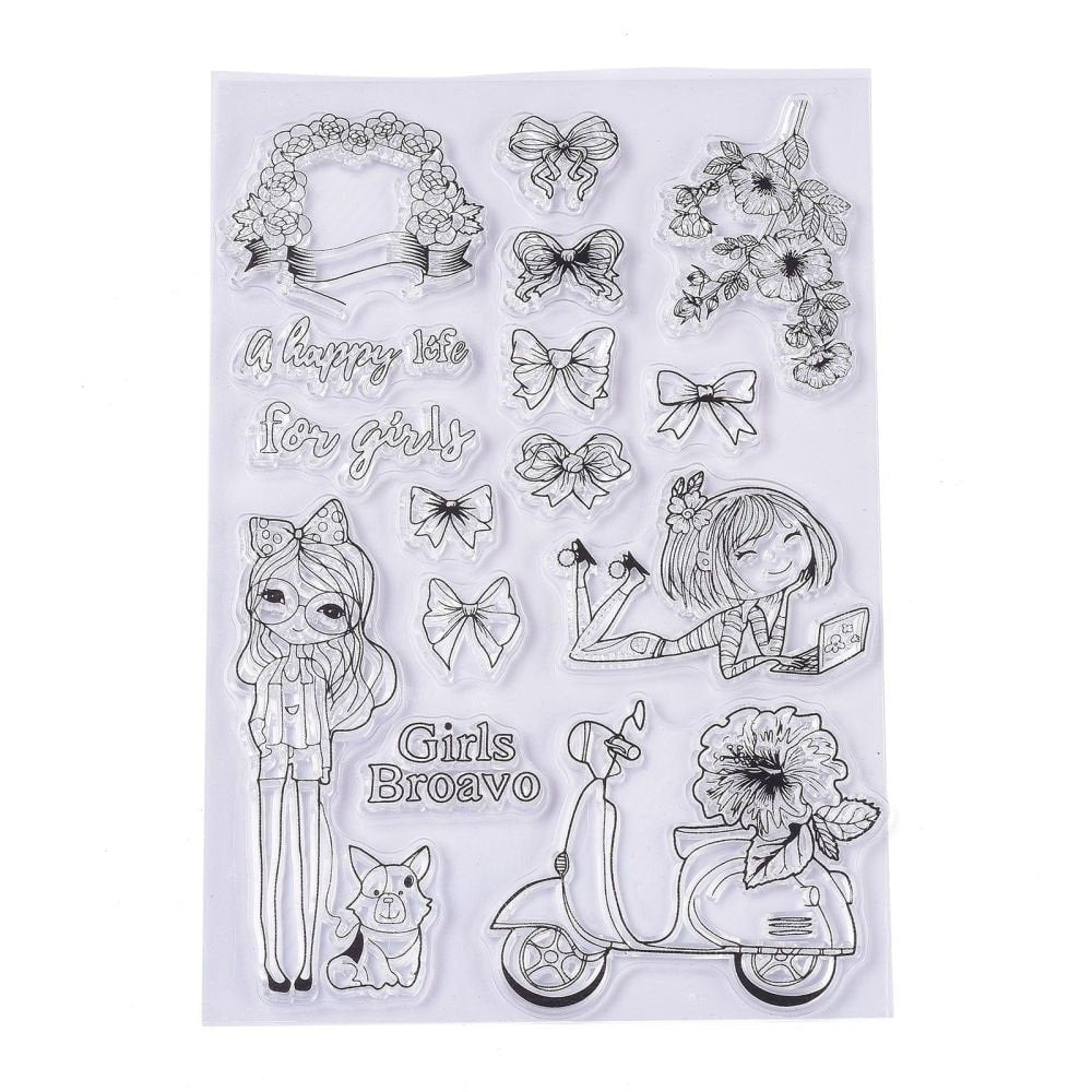 Girl and bows rubber stamp set silicone stamp set assorted silicone flowers girl and scooter stamps