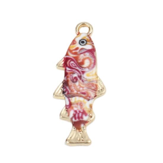 Fish charm, patterned enamel charm, gold plated pink and purple charm