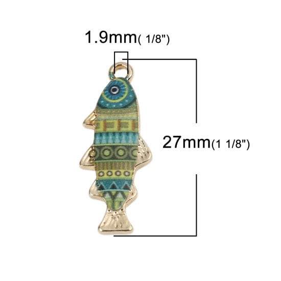 Fish charm, enamel  patterned fish, blue and green design gold plated charm for pendants or bracelets fishing charm