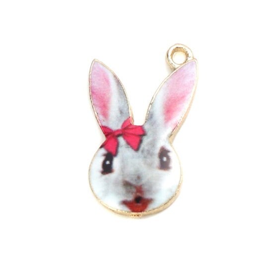 Easter bunny charms with pink bow enamel rabbit pendant charm gold backed metal charms