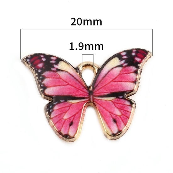 Pink butterfly charm. enamel  with black pattern charms enamel  gold backed charm