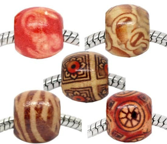 Macrame bead mix, 12mm Patterned  bead,  big hole style European big hole wood bead