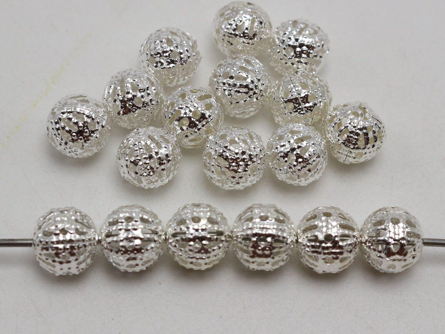 Silver plated filigree bead, 10mm hollow metal bead spacer lot