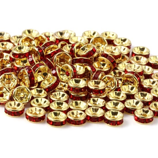 Rhinestone rondelle , 4mm gold  plated spacer bead, red crystal bead