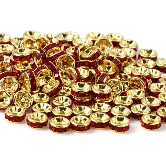 Rhinestone rondelle ,  6mm gold  plated spacer bead, red crystal bead