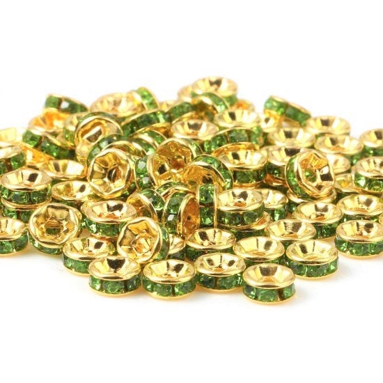 Rhinestone rondelle , 6mm gold  plated spacer bead, green crystal bead