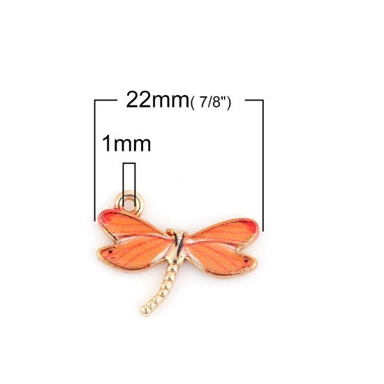 Dragonfly charms, orange patterned enamel dragonflies with gold plated back