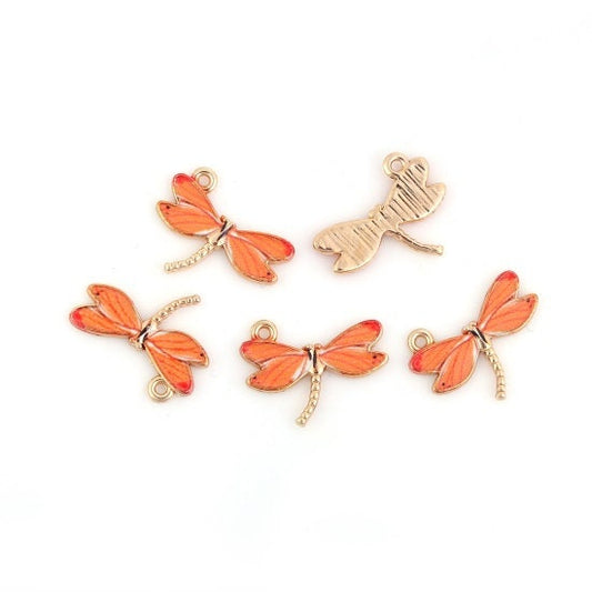 Dragonfly charms, orange patterned enamel dragonflies with gold plated back