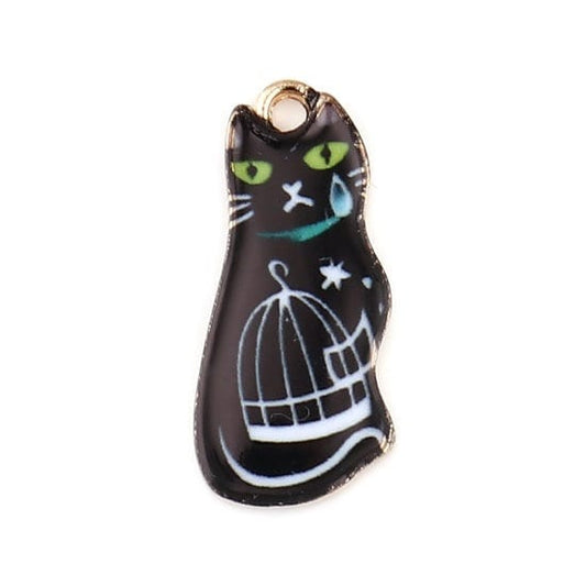 Black cat charm , enamel cat with birdcage , whimsical cat ,gold plated charm