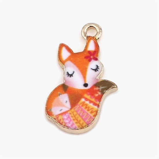 Fox charm , orange enamel with pink striped tail, long eyelash girl charm forest animal