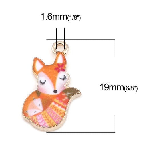 Fox charm , orange enamel with pink striped tail, long eyelash girl charm forest animal