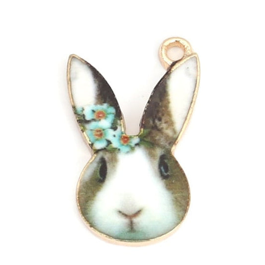 Easter bunny charm  blue flower enamel rabbit pendant charm gold backed metal charms with blue flower grey white