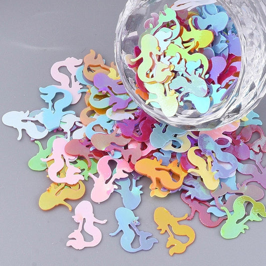 Mermaid silhouette charm, sequin cutouts of mermaid outline, 12mm flat sequin, assorted color mix in 650 pack