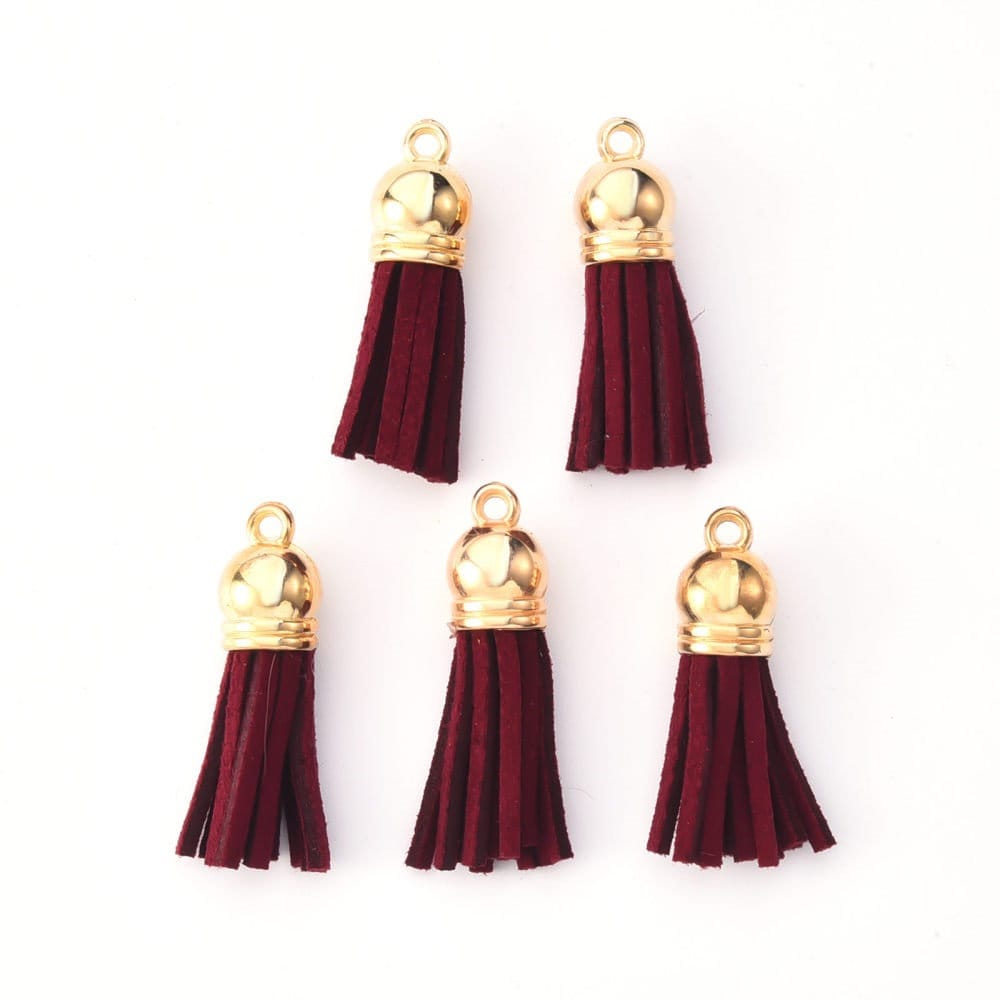 Suede Tassel charms, gold caps with wine shade, diy keychain or crafts