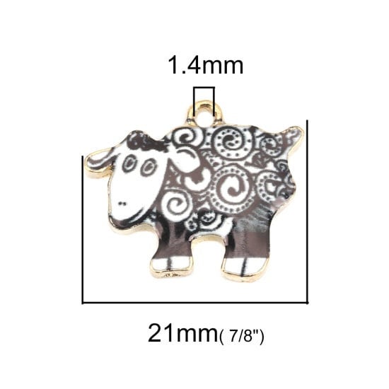 Sheep charms. enamel black and white patterned, animal barnyard charms, gold plated backs