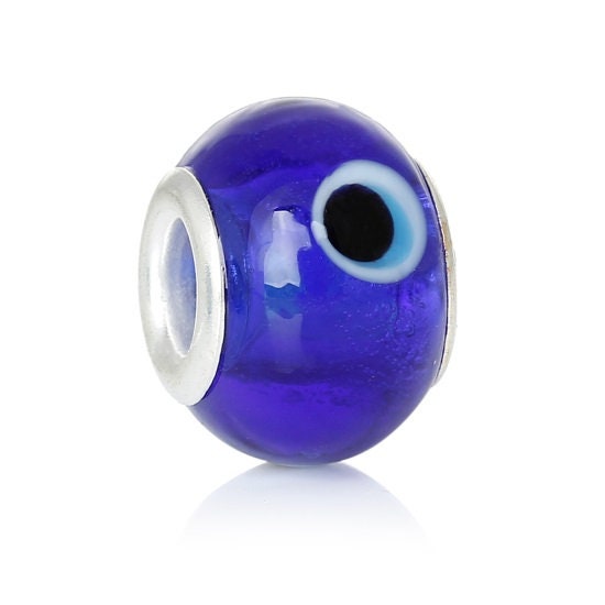 Evil Eye european glass beads, Blue big hole beads, dark blue with white evil eye bead mix