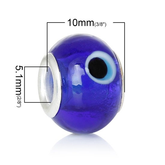 Evil Eye european glass beads, Blue big hole beads, dark blue with white evil eye bead mix