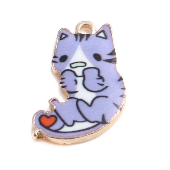 Purple cat charm, enamel pendant charm with gold backs, cat holding a heart