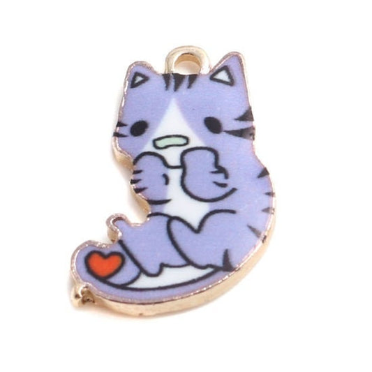 Purple cat charm, enamel pendant charm with gold backs, cat holding a heart