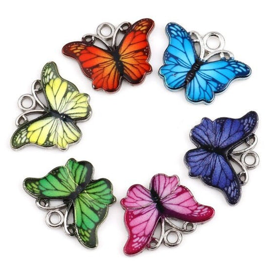 Butterfly charms, enamel butterflies in assorted colors, black patterned with silver backs , pick color