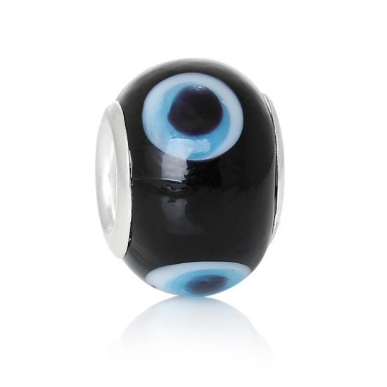 Evil Eye Glass European bead, black big hole beads, white evil eye bead mix