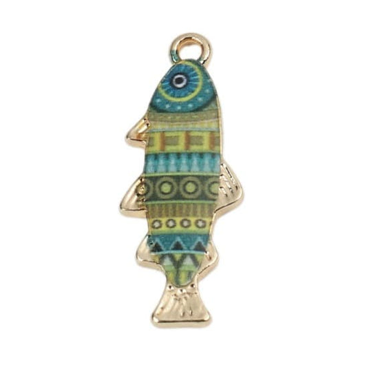 Fish charm, enamel  patterned fish, blue and green design gold plated charm for pendants or bracelets fishing charm