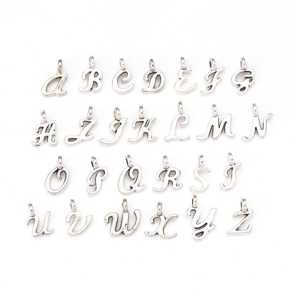 Silver letter charms. script initial jewelry charms, handwritten letter style, set of A-Z or individual letters