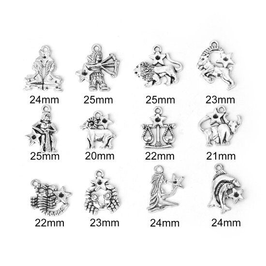 Zodiac charm Set , all 12 star signs astrology charms , silver birth sign set