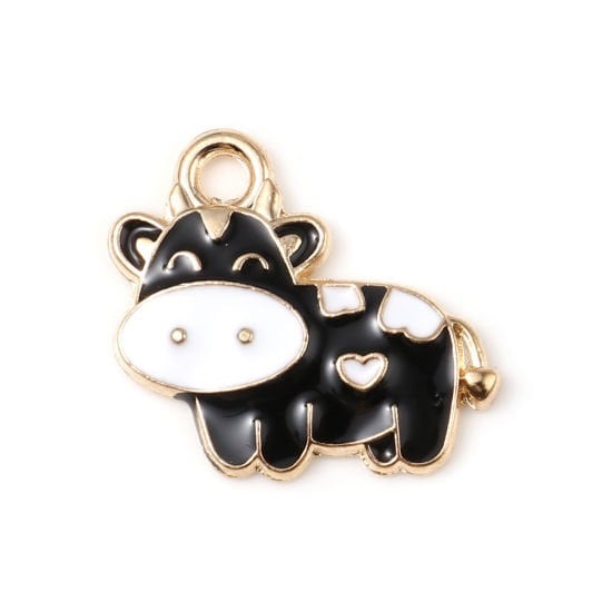 Black cow charm, enamel cow black and white charms,  gold plated charms