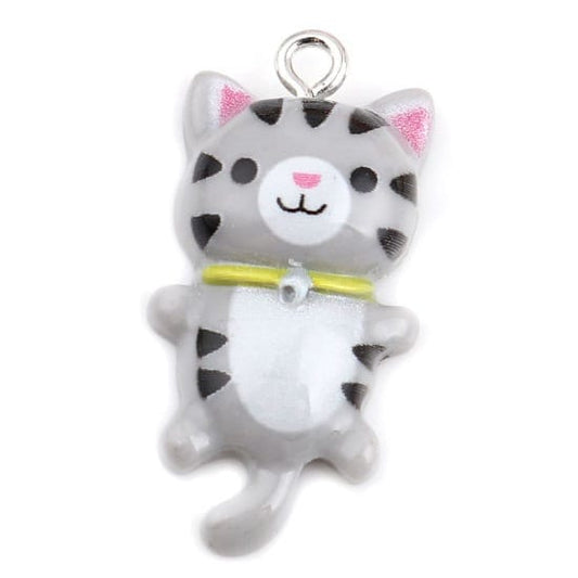 Grey Cat pendant charm, resin  cat with flat back, gray and black spotted cat with smiling face