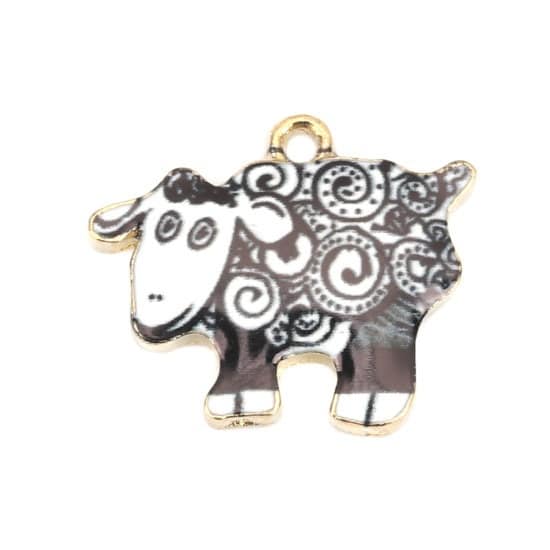 Sheep charms. enamel black and white patterned, animal barnyard charms, gold plated backs