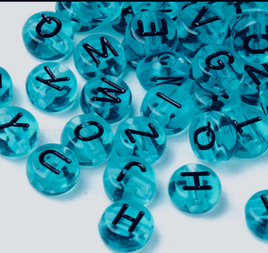 Blue alphabet beads, clear blue with black letters, initial bead, Acrylic 7mm beads in bulk letters or single letter