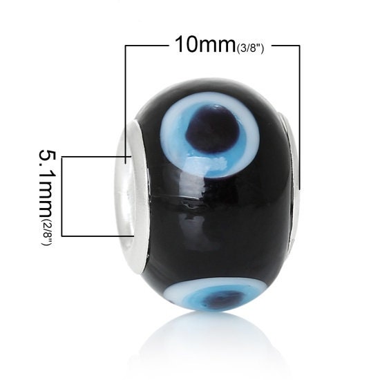 Evil Eye Glass European bead, black big hole beads, white evil eye bead mix