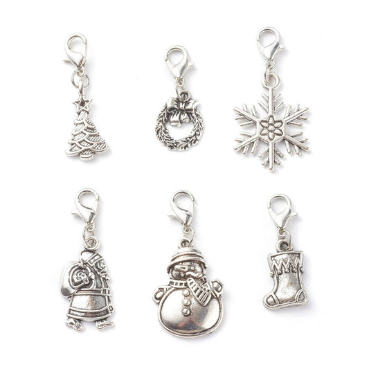 Christmas charms,  lobster clasp charms as singles or set of all 6 snowflake, santa. christmas tree, wreath, snowman, stocking clip on