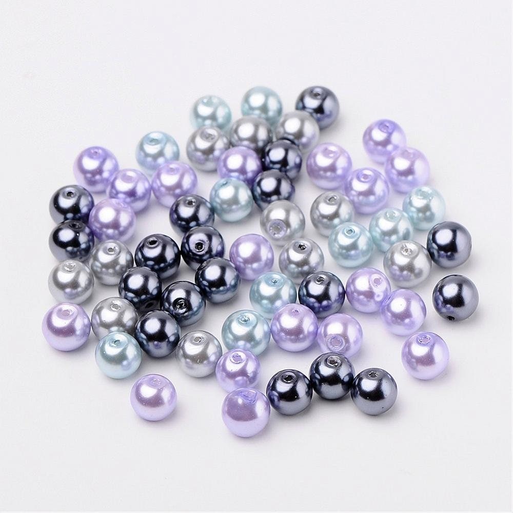 Silver theme Glass pearl beads, 8mm  pearlized glass beads pale grey, dark grey, blue and purple  mix colored beads