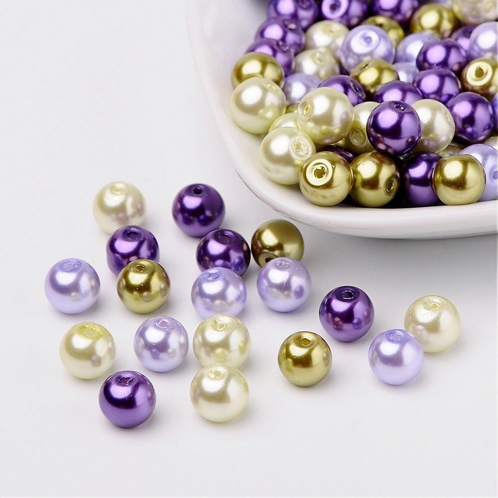 Lavender Glass pearl bead mix,  8mm mix pearlized glass beads dark purple, lavender,  pale green and sage green colored beads